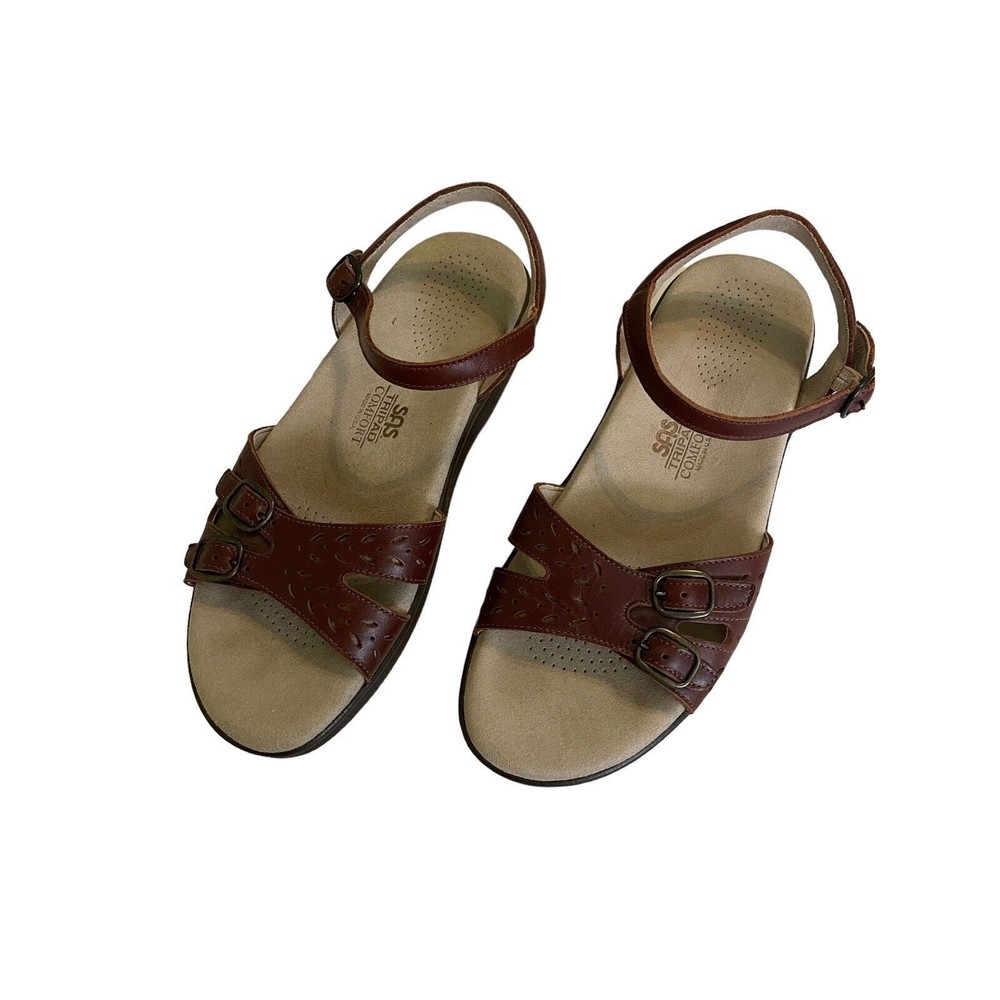 $149 SAS Shoe Womens 7.5 M Duo Quarter Strap Sandal Brown Leather Comfort Wedge